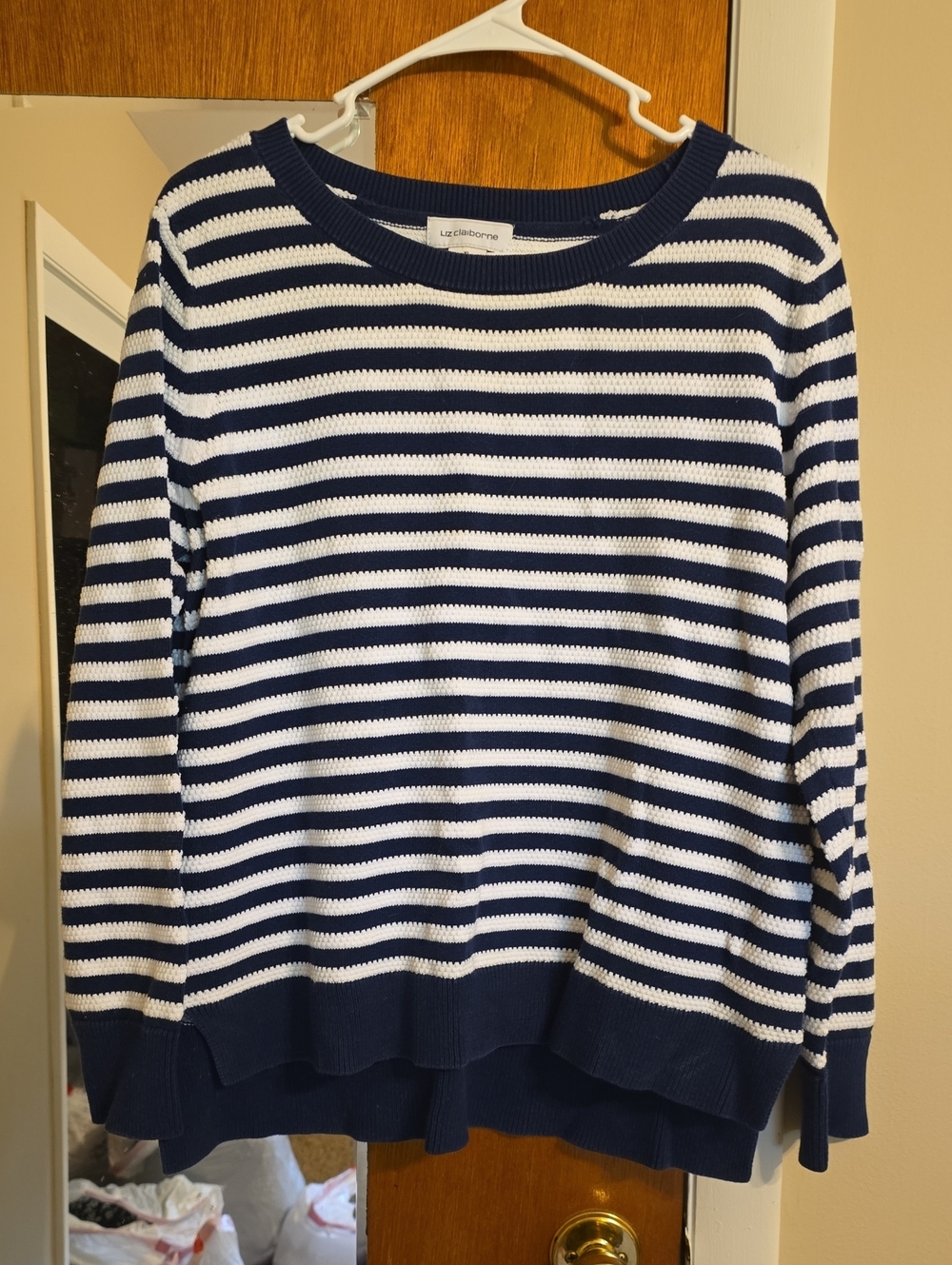Liz Claiborne Navy and White Striped Crewneck Sweater